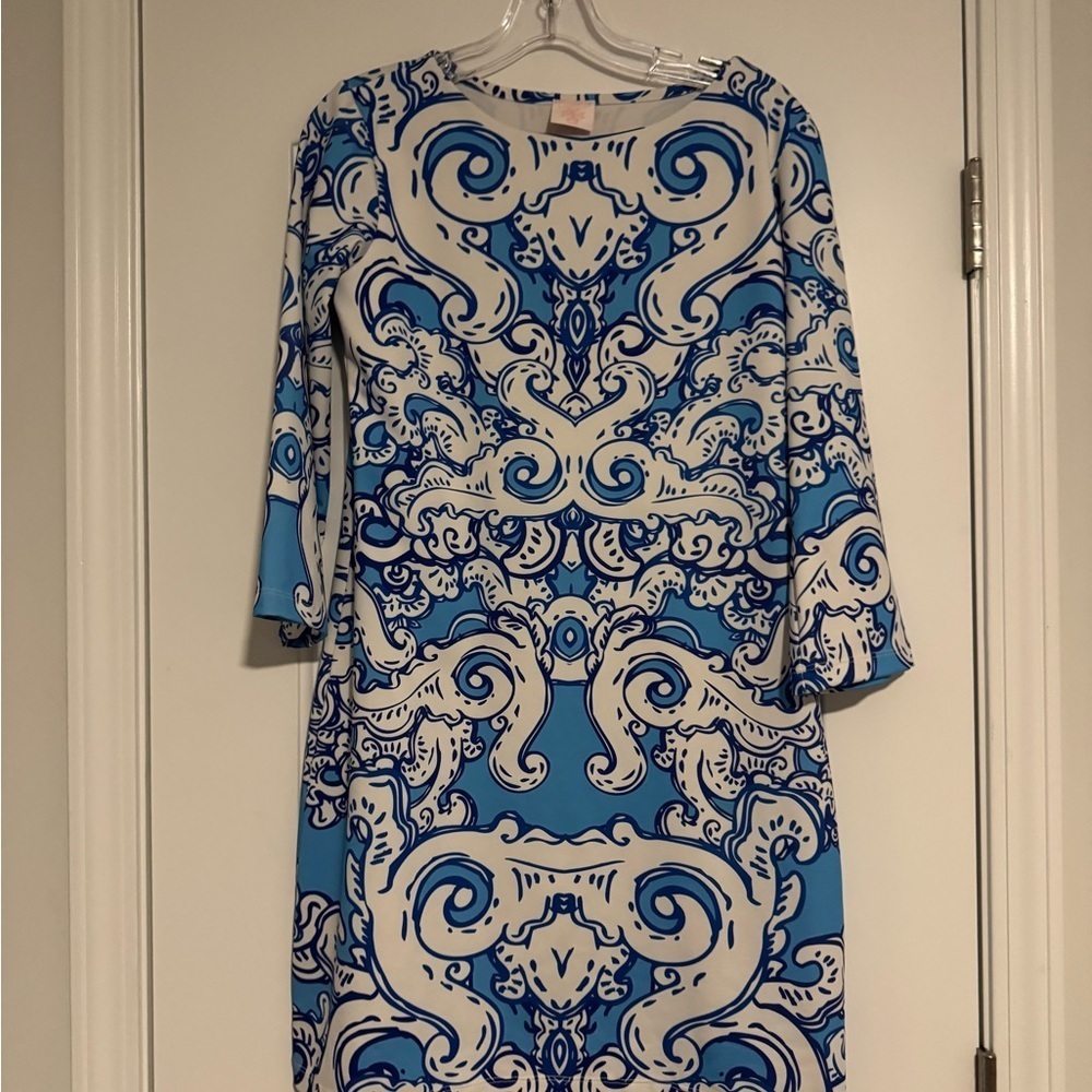 Aris Blue and White Baroque Long Sleeve Dress